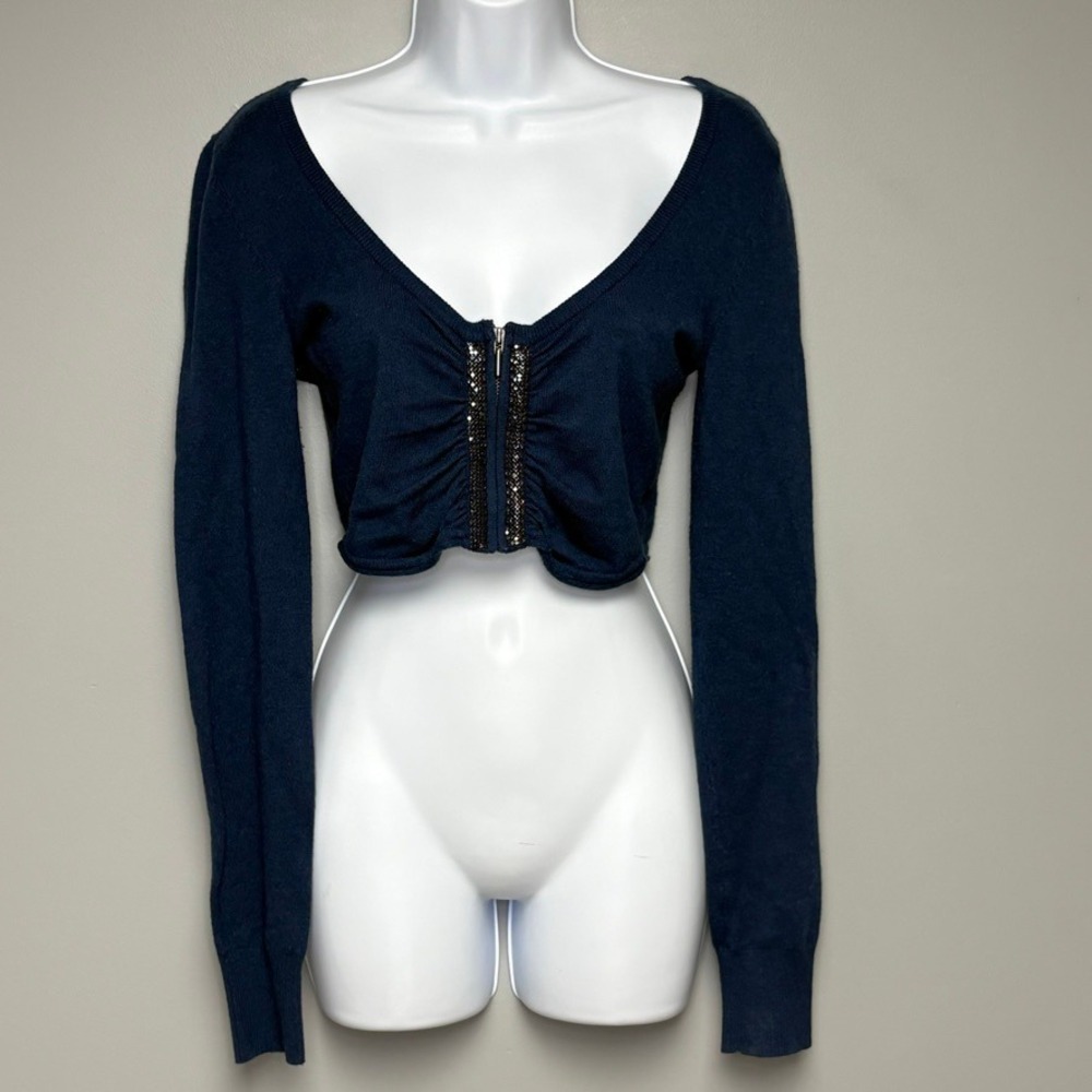 Express Navy Blue Y2K Wool Blend Cropped Beaded Going Out Zip Sweater Sz M